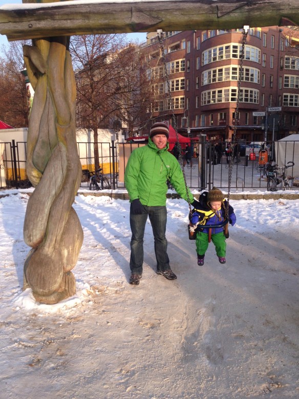 The parks are so cool in Berlin - each one is unique and made from natural materials!  Temperature of -10 was not going to stop Amaya from getting on the swing!